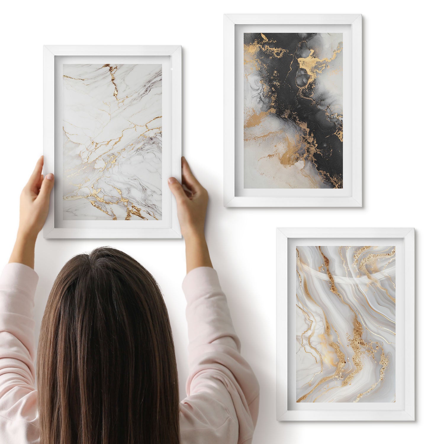Galeria ścienna 3-częściowy komplet obrazów w białych ramach - Abstrakcyjne wzory w odcieniach bieli i czerni - ArtPrintCave