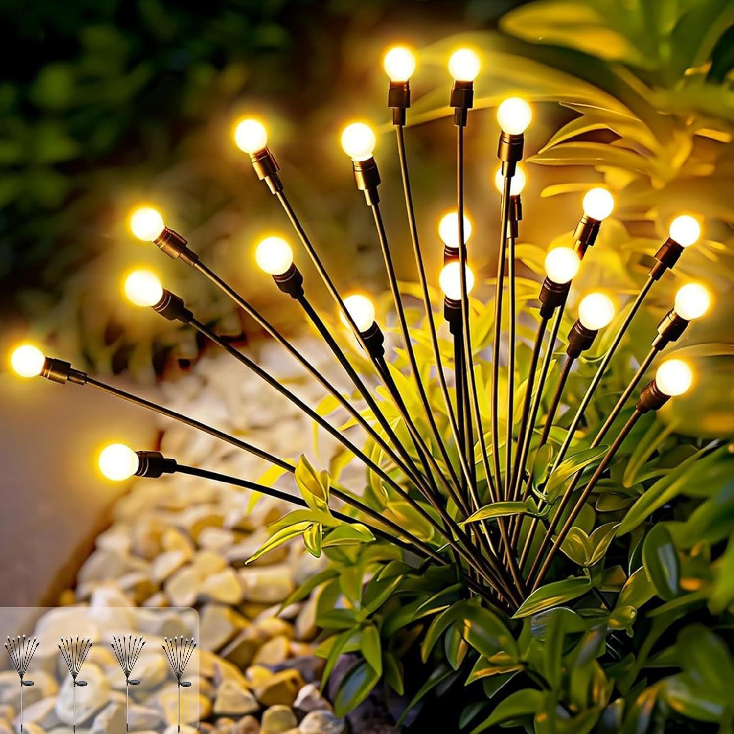 Zewnętrzne lampy solarne Firefly do ogrodu, 4 sztuki, 8 diod LED, wodoodporność IP65, do użytku na zewnątrz, na podwórku, podjeździe, patio, balkonie