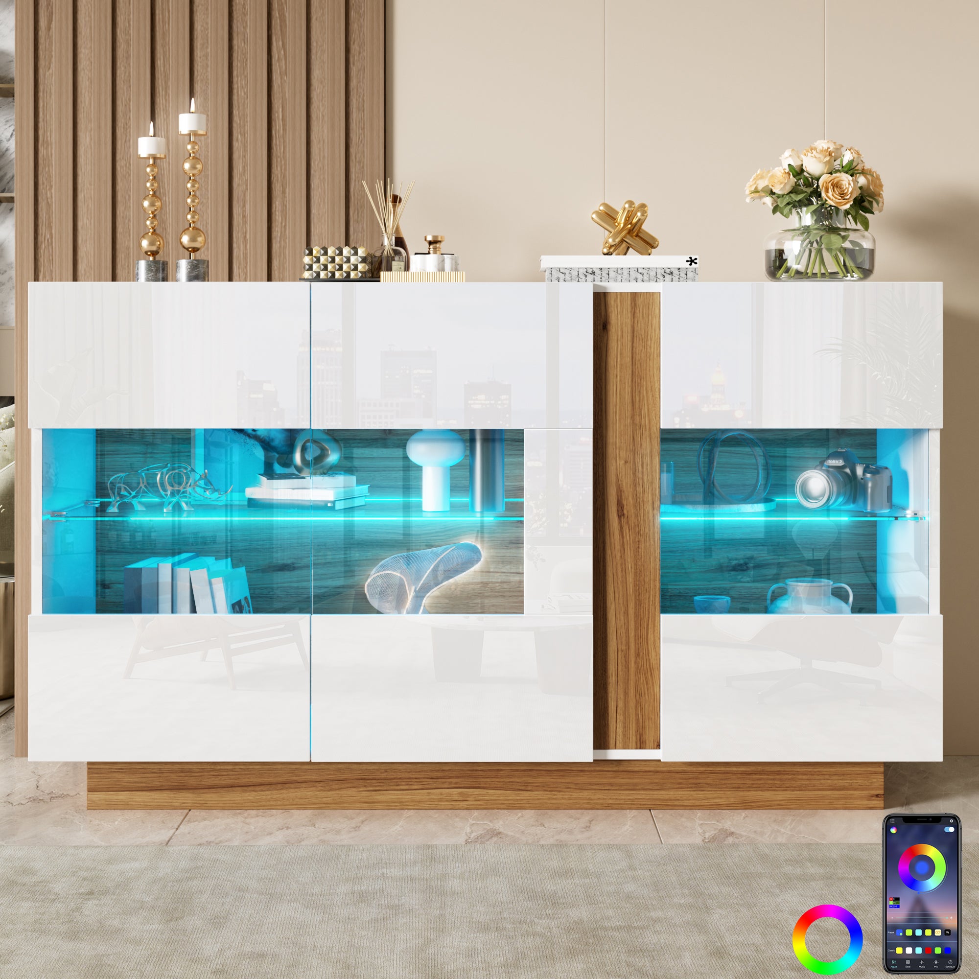 Nowoczesny bufet 120x38x80cm - z 3 drzwiami akrylowymi - regulowane oświetlenie LED - Biały + Naturalny