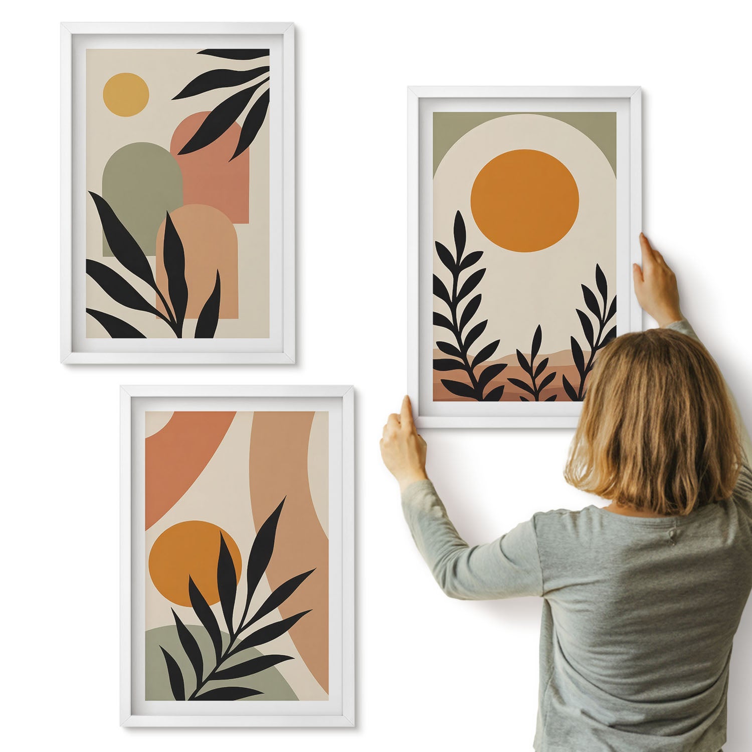 Galeria ścienna 3-częściowy komplet obrazów w białych ramach - Abstrakcyjne kształty i roślinne motywy w ciepłych kolorach - ArtPrintCave