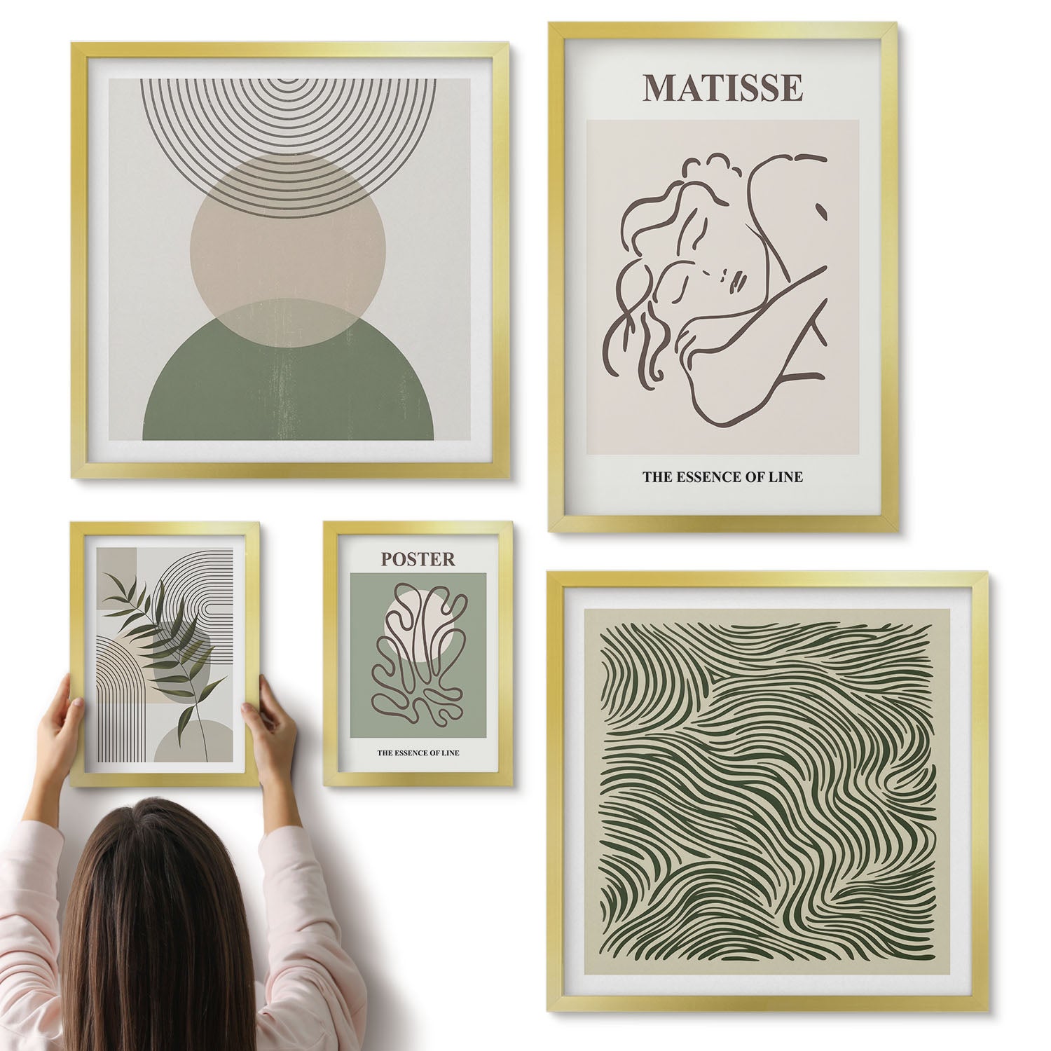 Galeria ścienna 5-częściowy komplet obrazów w złotych ramach - Minimalistyczne kompozycje z motywami roślinnymi i liniami - ArtPrintCave
