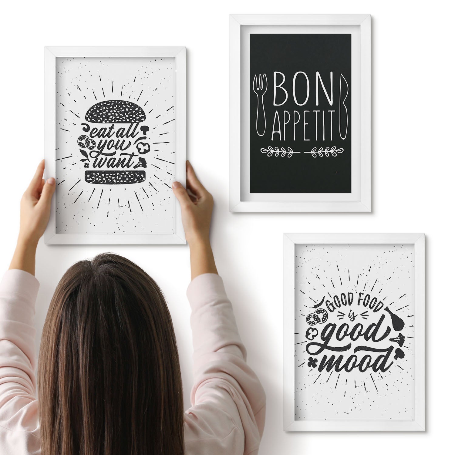 Galeria ścienna 3-częściowy komplet obrazów w białych ramach - Grafika z jedzeniem i hasłami kulinarnymi - ArtPrintCave