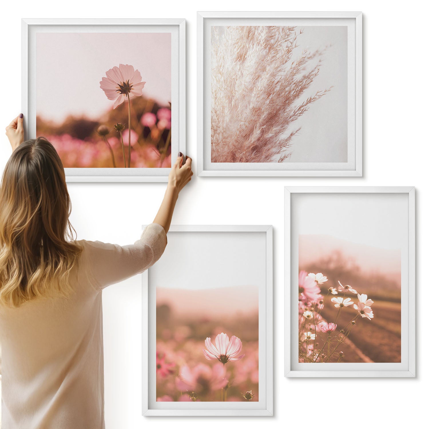 Galeria ścienna 4-częściowy komplet obrazów w białych ramach - Polne kwiaty na łąkach w lecie romantyczne pejzaże - ArtPrintCave