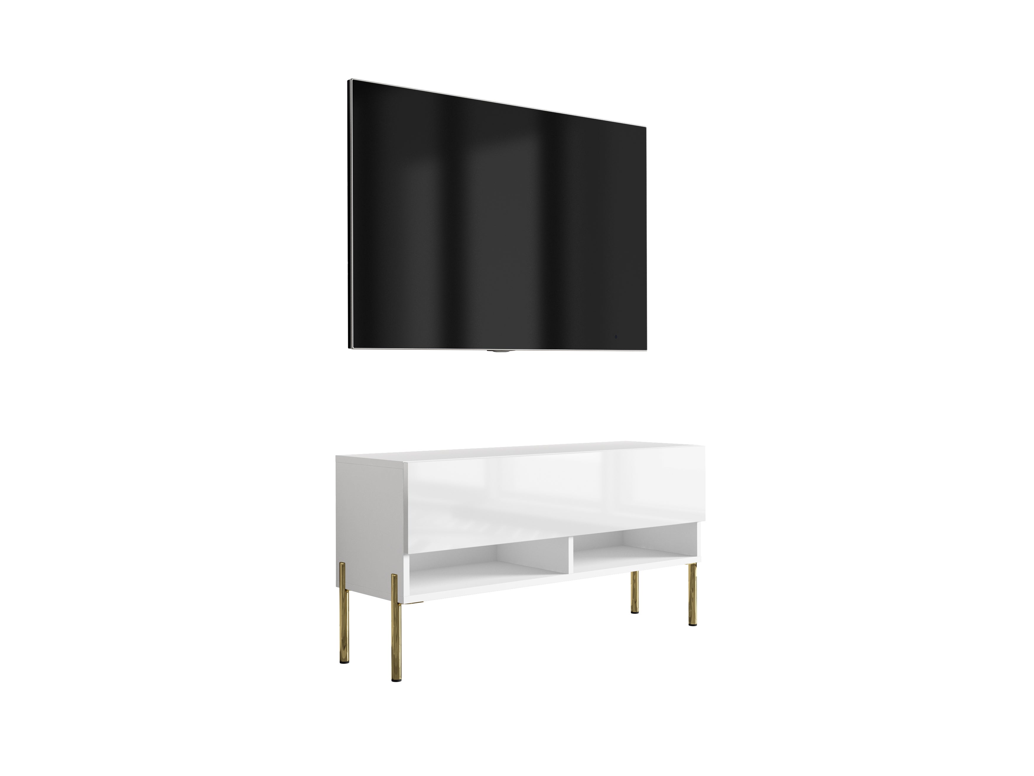 Szafka pod telewizor 100 cm Biały Mat / Biały Połysk, nóżki proste złote, 100 × 32 × 52 cm