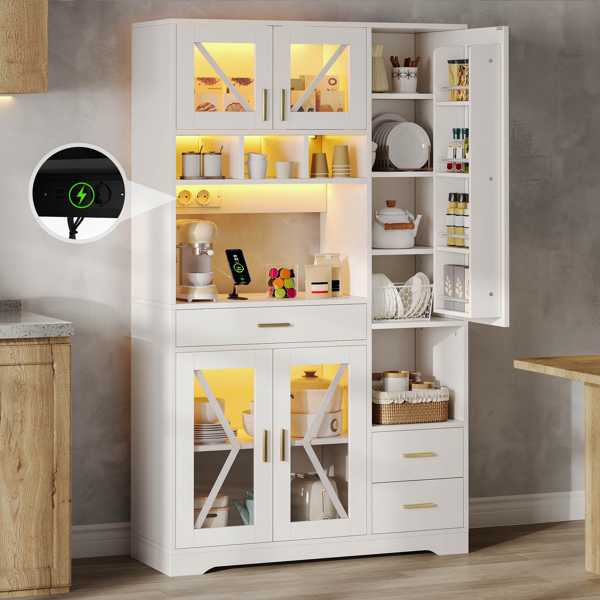 Kredens kuchenny 105 x 40 x 185 cm, z oświetleniem LED, z regulowanymi półkami, biały, szkło oraz MDF