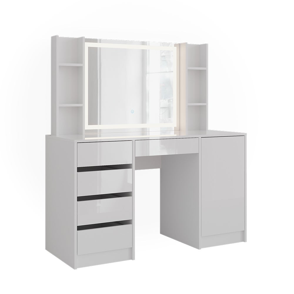 Vicco Stół toaletowy Sherry, Biały/Biały wysoki połysk, 128.2 cm z lusterkiem LED