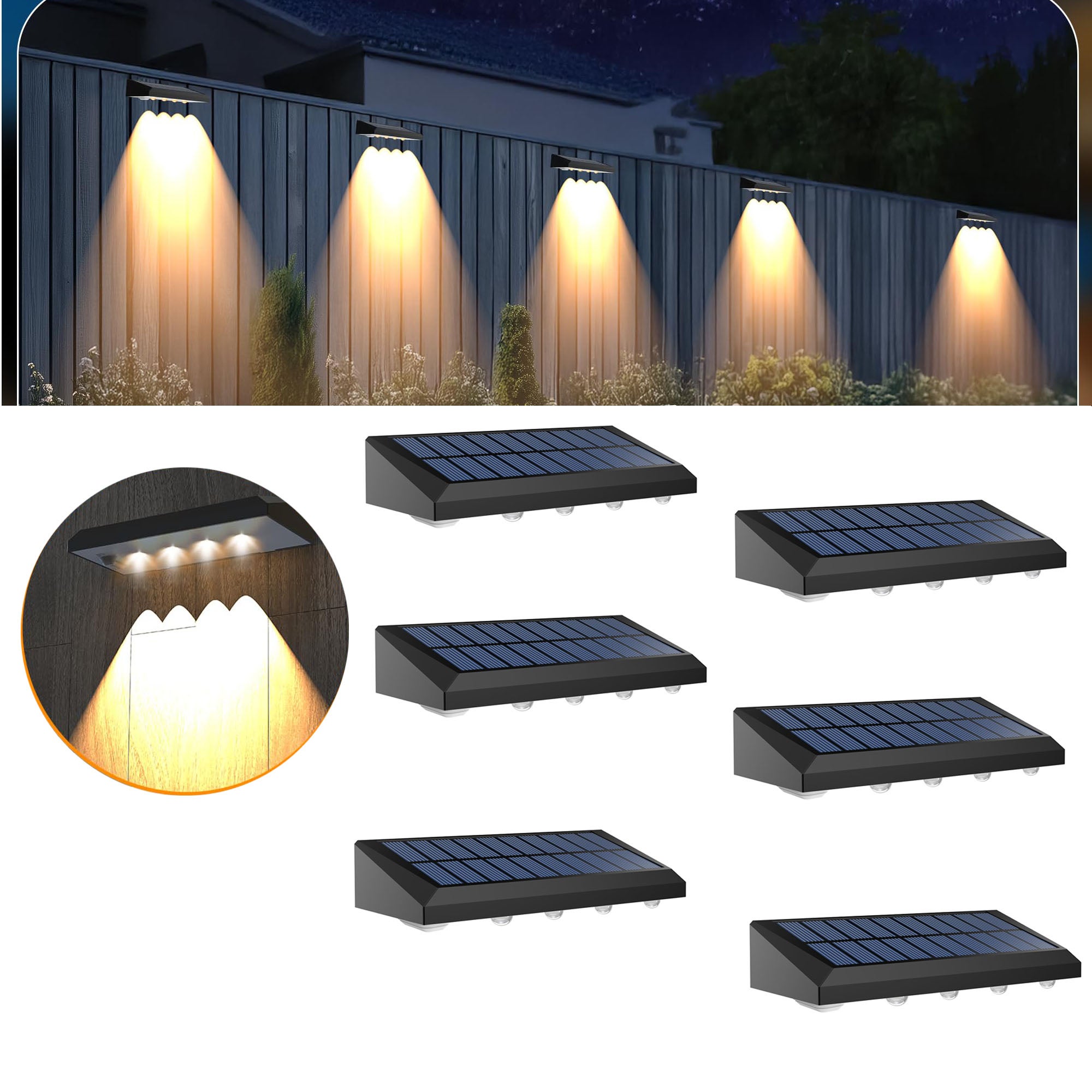 Zestaw 6 zewnętrznych lamp solarnych do ogrodzenia, ciepła biel, z 4 diodami LED, wodoszczelność IP65, oświetlenie tarasu