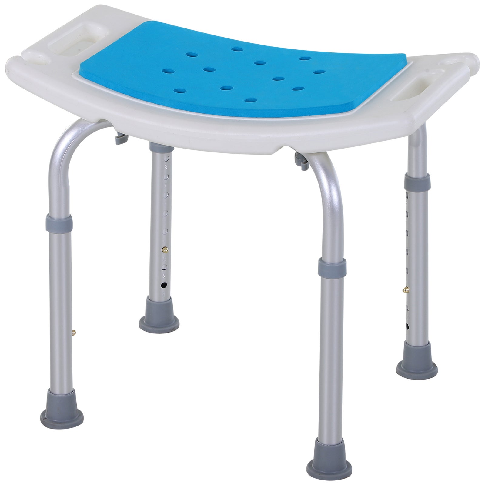 Taboret prysznicowy wykonany ze stopu aluminium i tworzywa sztucznego antypoślizgowego, regulowany na 6 poziomach (39-52 cm), kolor niebieski