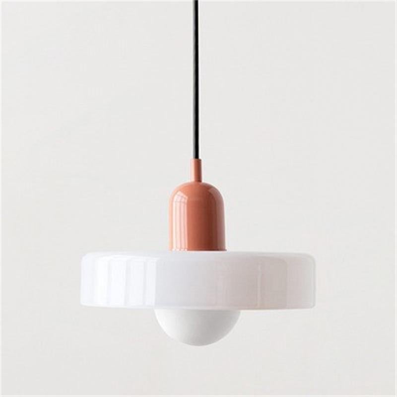 Żyrandol w stylu Bauhaus o średniowiecznym wzornictwie z kloszem z witrażowego szkła, idealny do sypialni; 25 cm, wykonany z białego szkła, z różową p