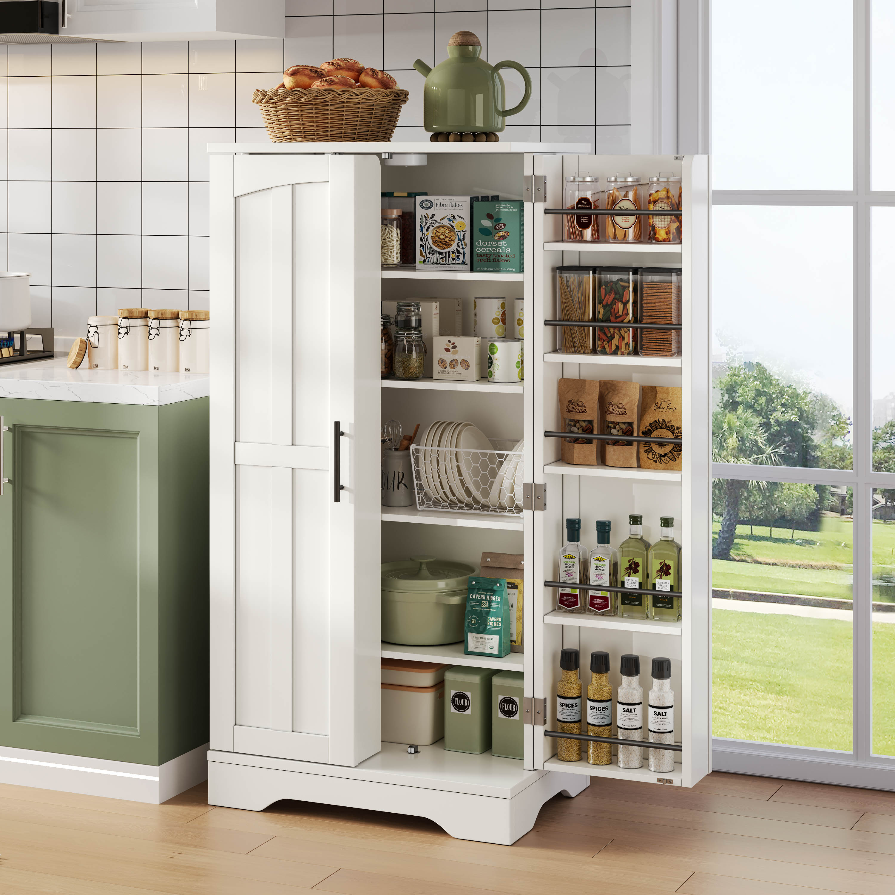 Kredens kuchenny 60 x 40 x 120 cm, z oświetleniem LED, z regulowanymi półkami, biały, MDF, praktyczny wybór do codziennego użytkowania
