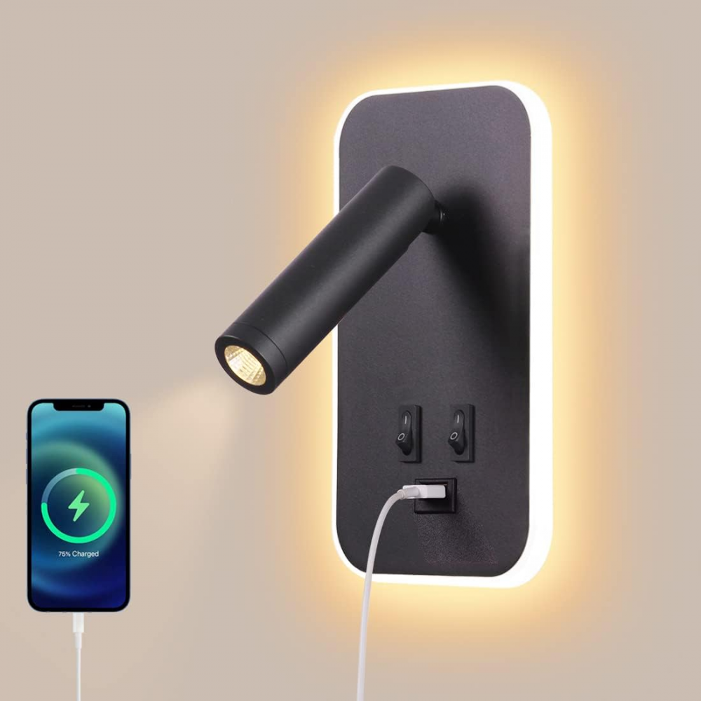 Czarna lampa ścienna LED – lampka nocna do czytania z włącznikiem – port ładowania USB – ciepłe światło – regulowany reflektor tworzący nastrój w sypi
