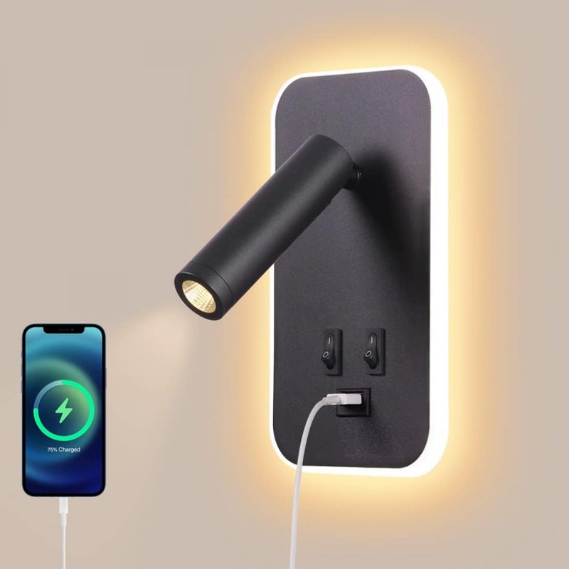 Czarna lampa ścienna LED – lampka nocna do czytania z włącznikiem – port ładowania USB – ciepłe światło – regulowany reflektor tworzący nastrój w sypi