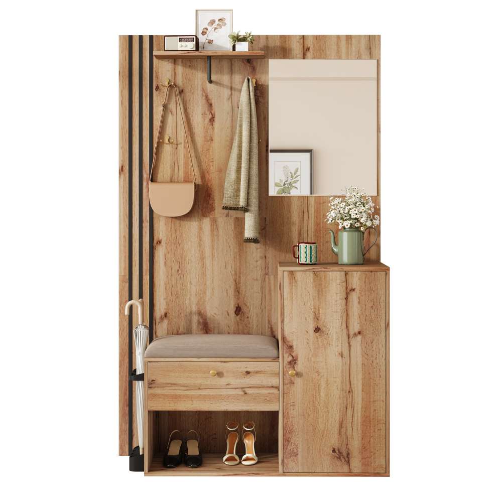 Kompaktowy zestaw do przedpokoju z lustrem, poduszką, czarnymi listwami, parasolem – 115x185x37 cm, płyta MDF, szafa, buty