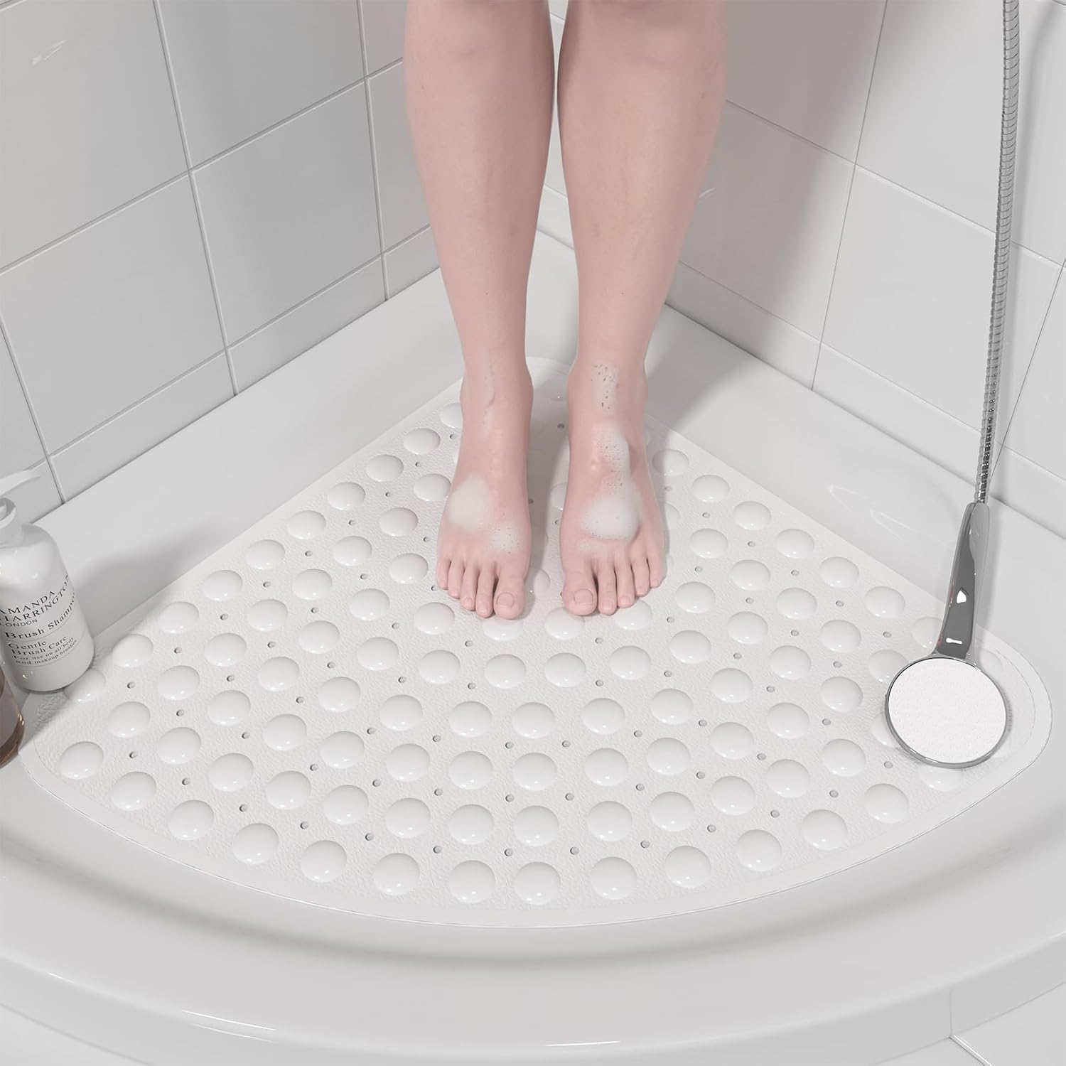 Mata prysznicowa narożna antypoślizgowa, trójkątna, 54 cm, odpowiednia do pryszniców wewnętrznych, z przyssawką, biała