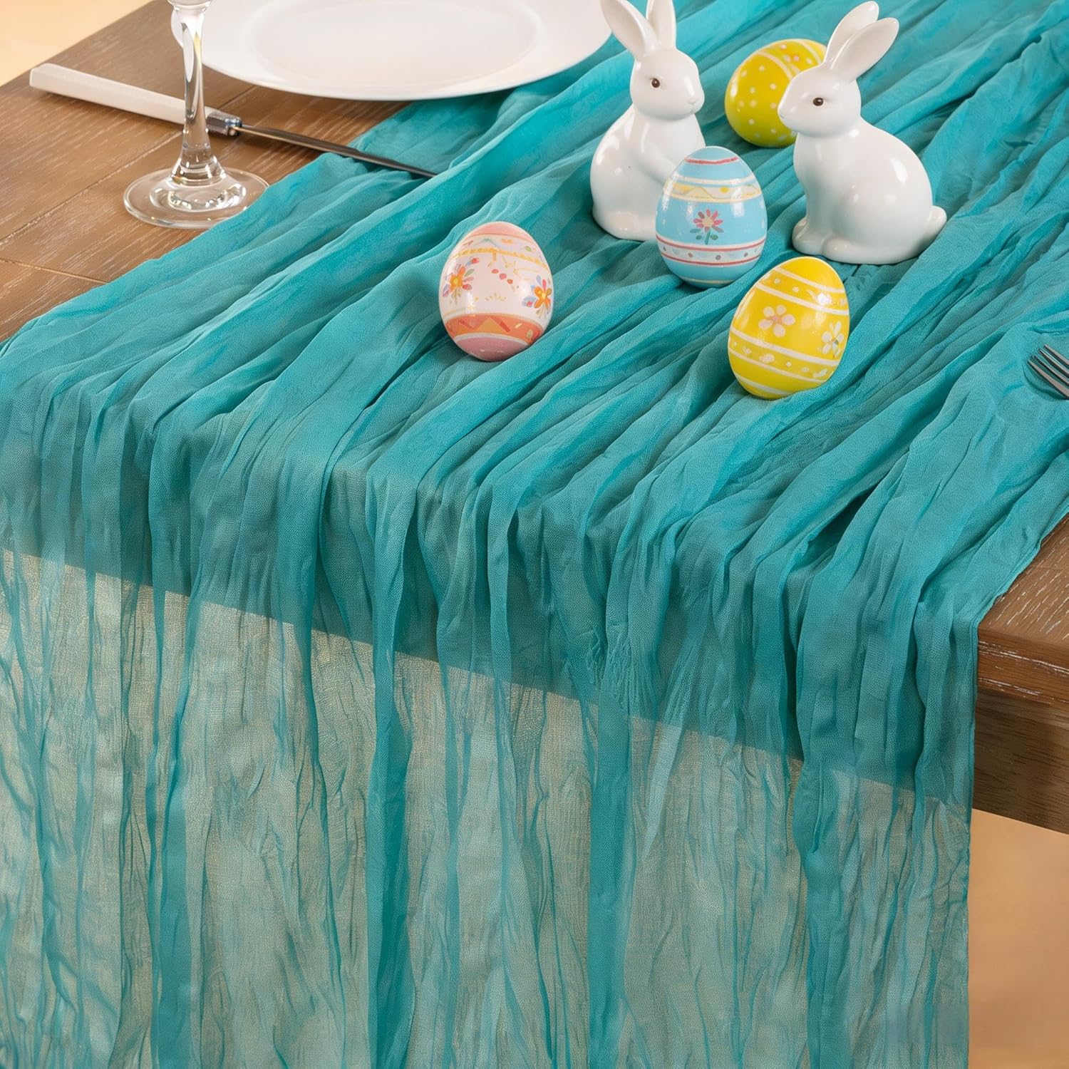 Dekoracyjny bieżnik z zielonej gazy bawełnianej, styl boho, 90 x 300 cm