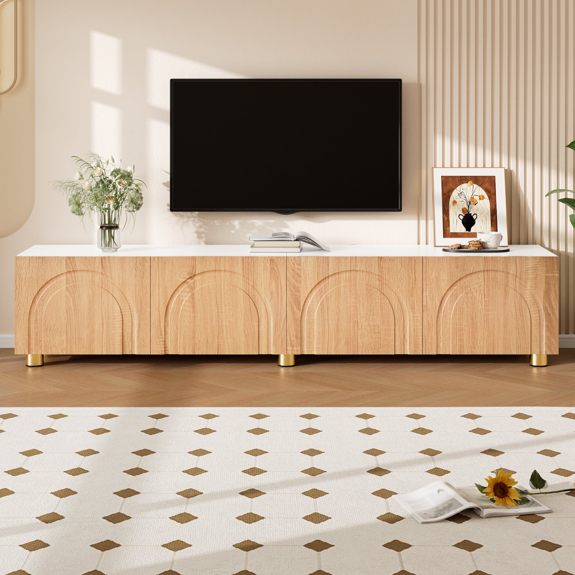 Stojak pod telewizor z 4 drzwiami o łukowym wzorze 3D - 180 x 35 x 40 cm - Płyta wiórowa i MDF - Nogi metalowe - Kolor naturalny + biały
