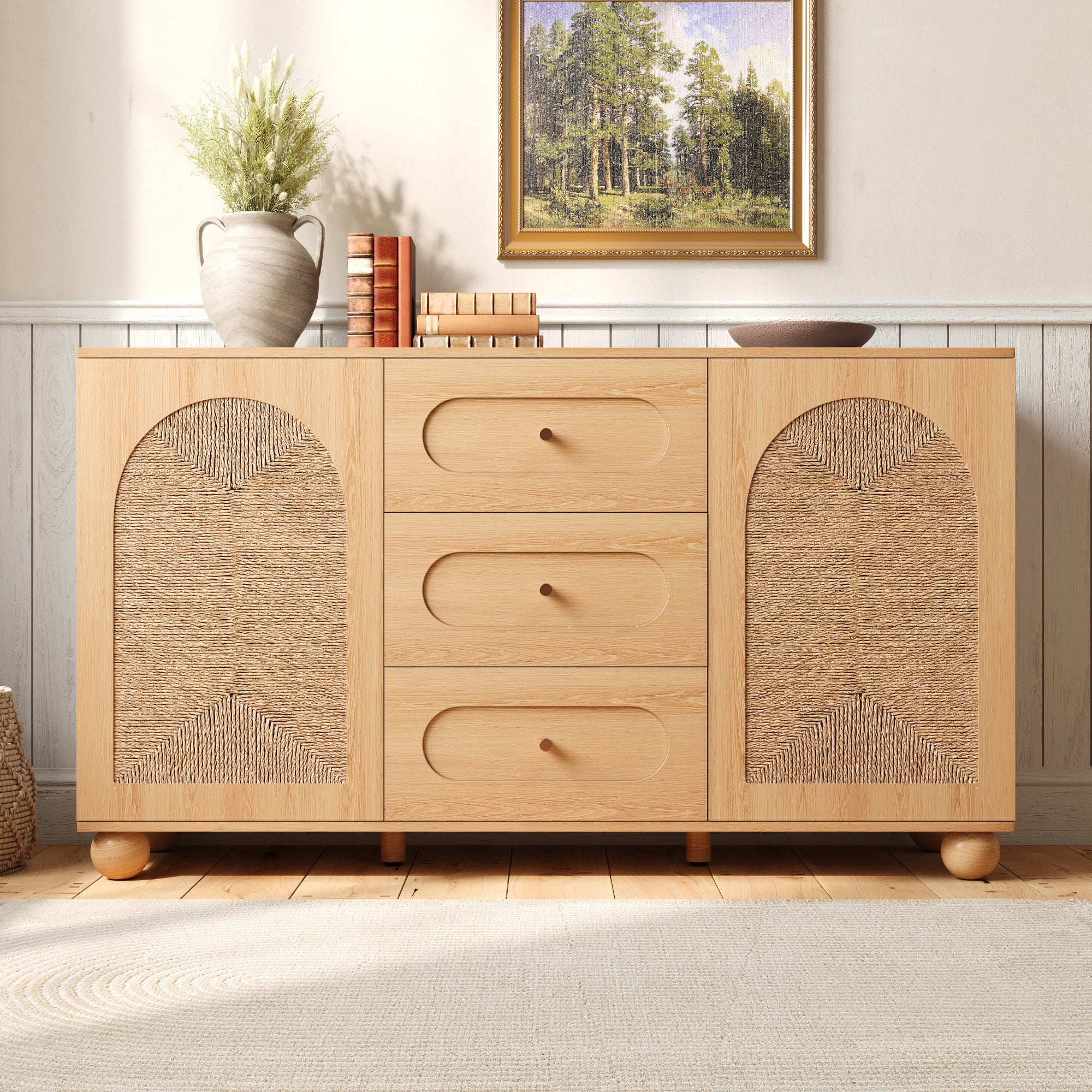 Komoda 2-drzwiowa z plecionym frontem i 3 szufladami - Płyta wiórowa + MDF - 140 × 40 × 80 cm - Drewno naturalne