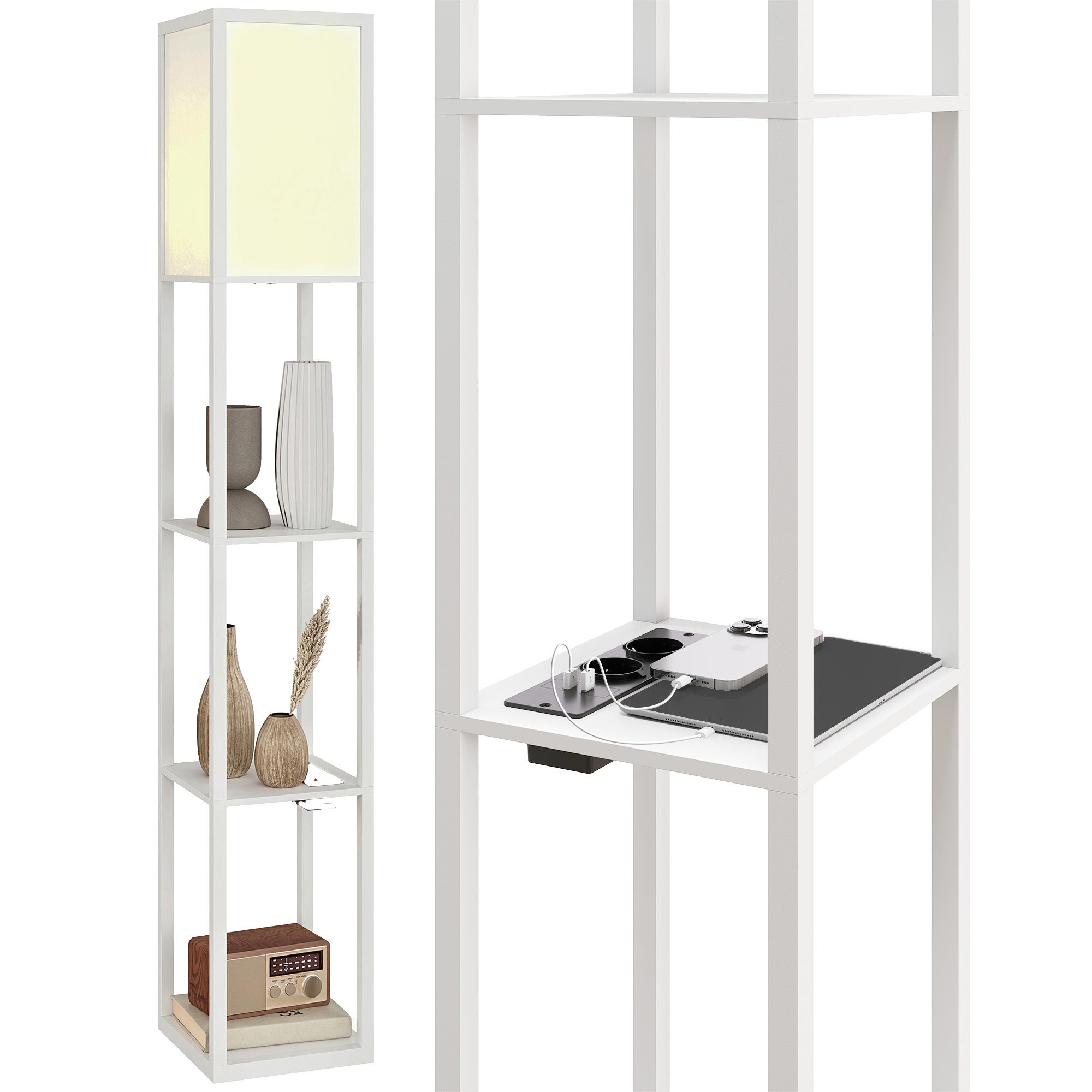 Lampa podłogowa z półkami, ściemnialnym oświetleniem, włącznikiem nożnym i portami USB, biała