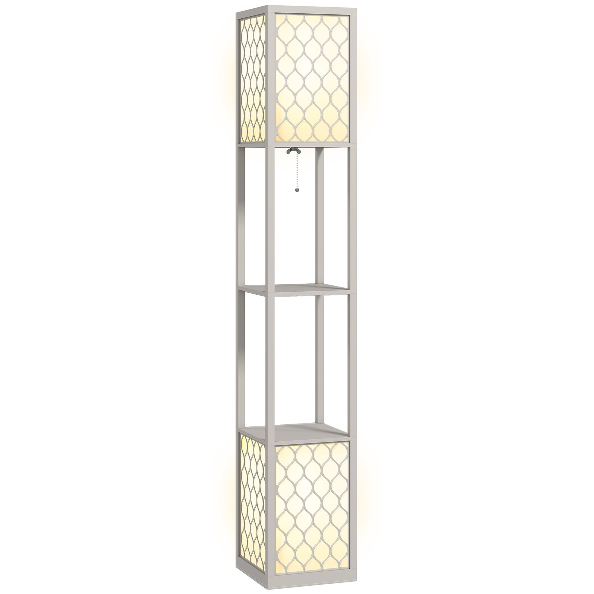 Nowoczesna lampa stojąca, 2 półki, włącznik łańcuszkowy, 26 cm x 26 cm x 156 cm, czarno-biała