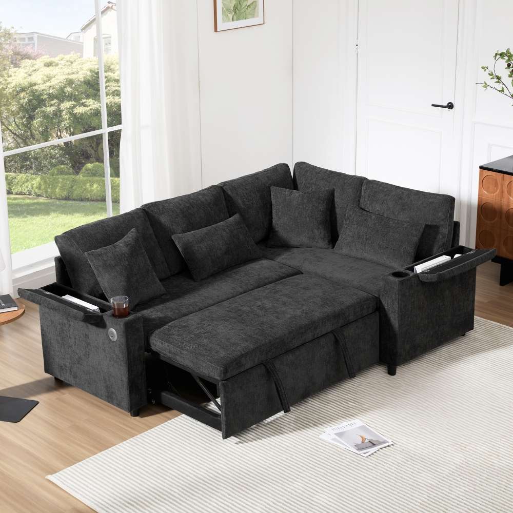 L-förmiges ausziehbares Ecksofa mit Stauraum, USB-Anschluss, Getränkehalter, Chenille-Samt, 4–5 Personen