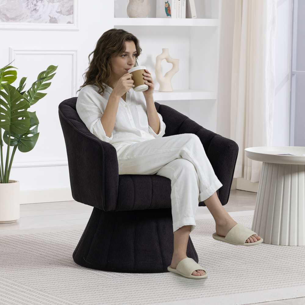 Ergonomiczny fotel obrotowy 360° z wyściełanym siedziskiem i oparciem, podłokietnikami owijanymi wokół głowy, stabilną podstawą, czarny