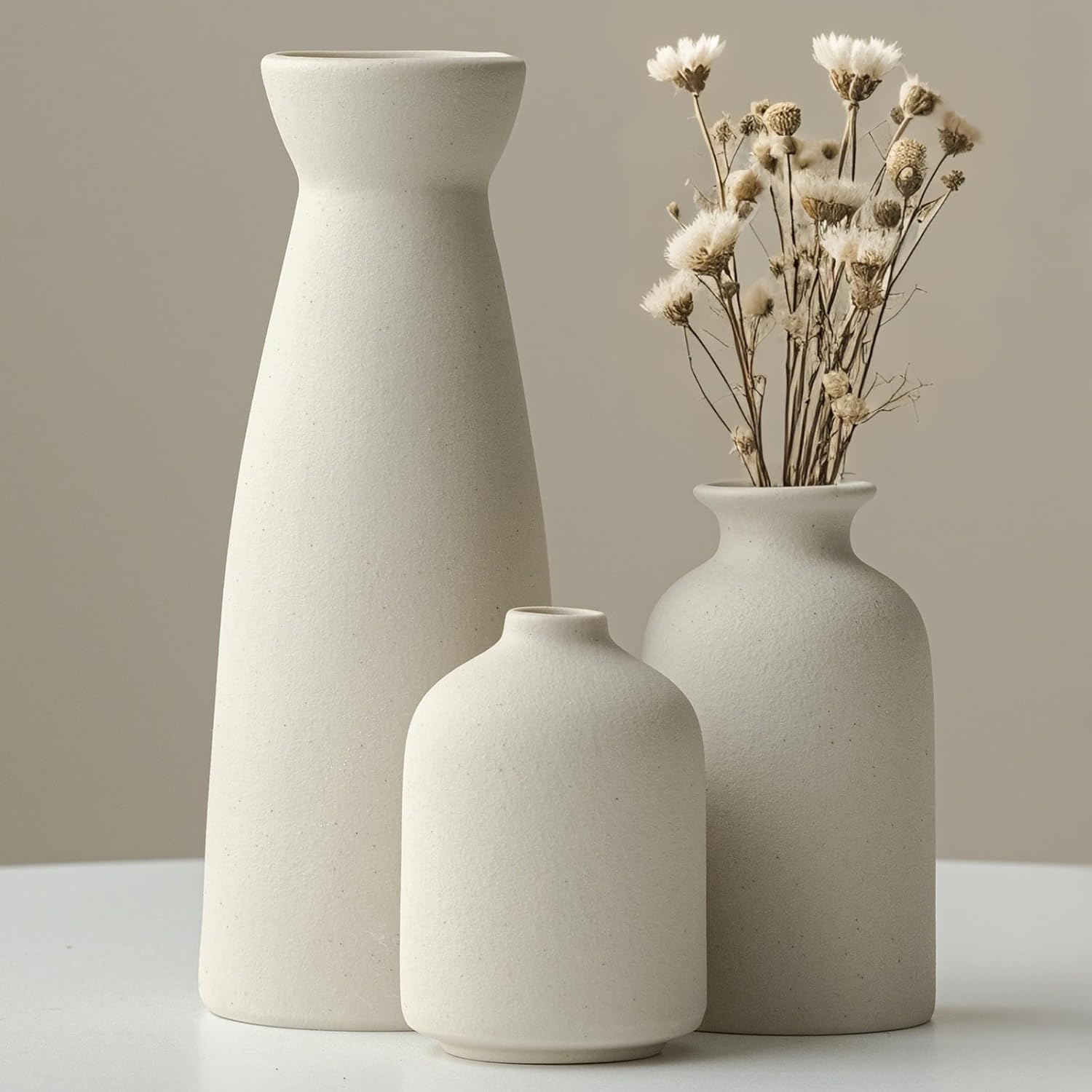 Wazon ceramiczny w kolorze białym w stylu vintage, zestaw 3 sztuk, styl boho, idylliczna dekoracja domu