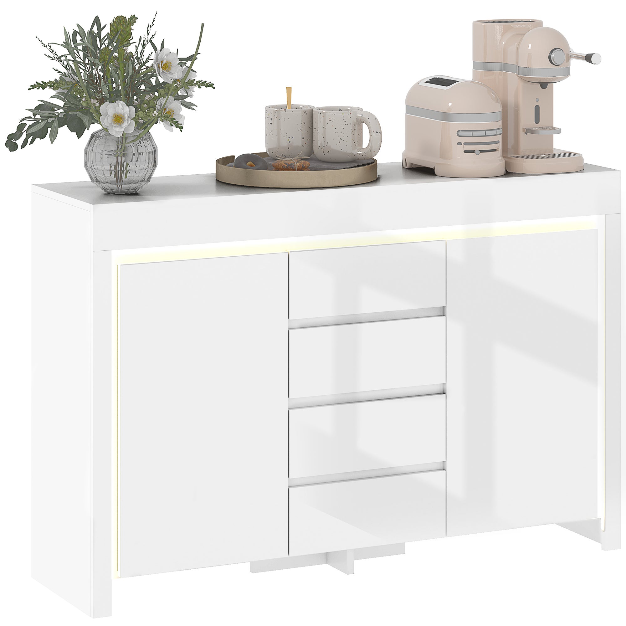 Salon Szafka z LED Światła 4 Szuflady Miękki Close Regulowany Półki i Pilot zdalnego sterowania 120x34x80cm Biały Shiny