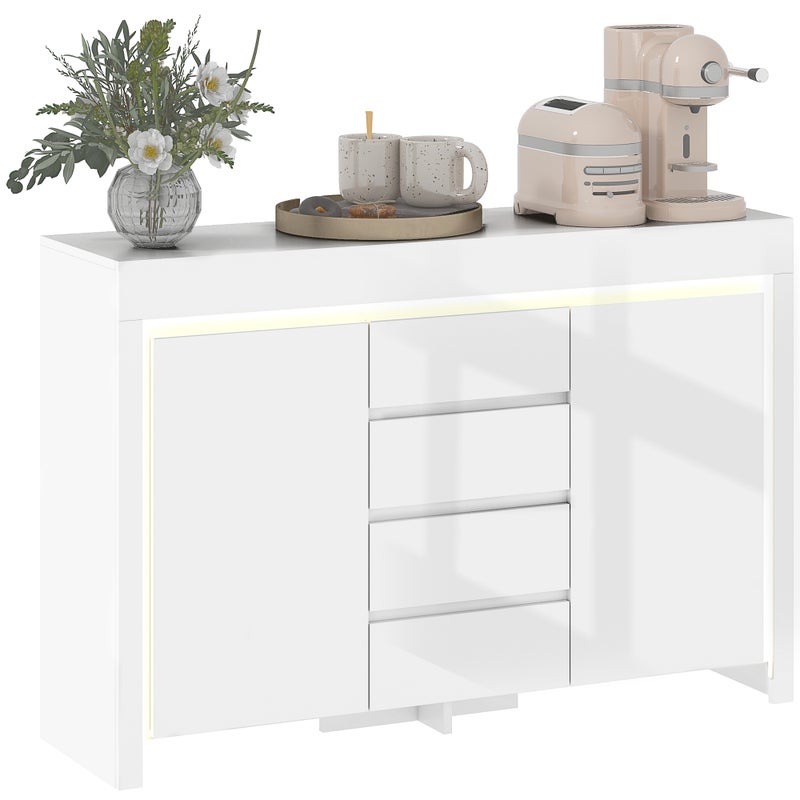 Salon Szafka z LED Światła 4 Szuflady Miękki Close Regulowany Półki i Pilot zdalnego sterowania 120x34x80cm Biały Shiny