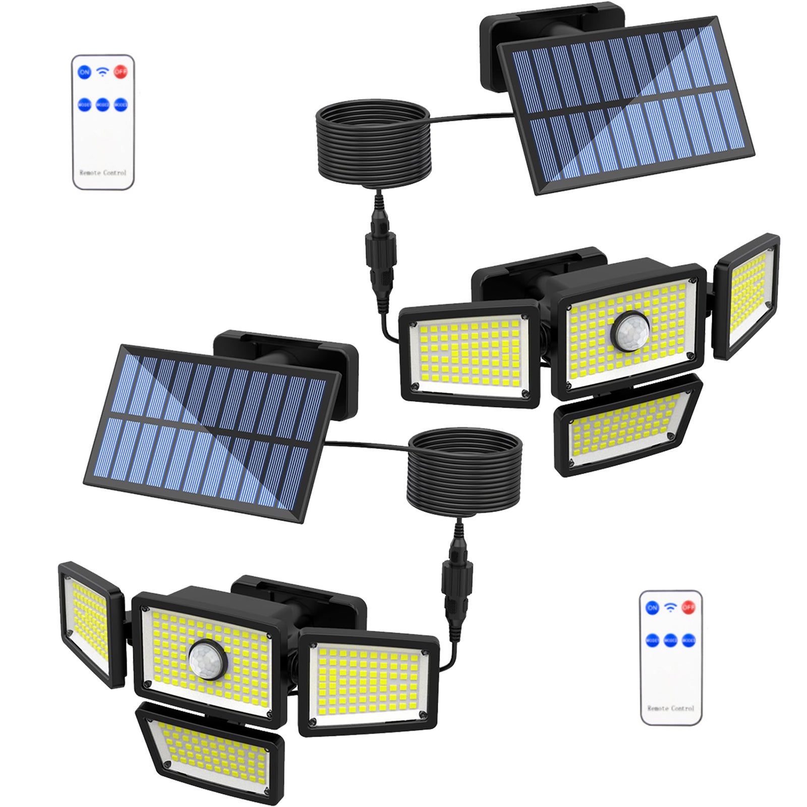 Zewnętrzne kinkiety solarne, 2 sztuki, lampy solarne z 4 głowicami z czujnikiem ruchu i pilotem, wodoodporne IP65, światło białe