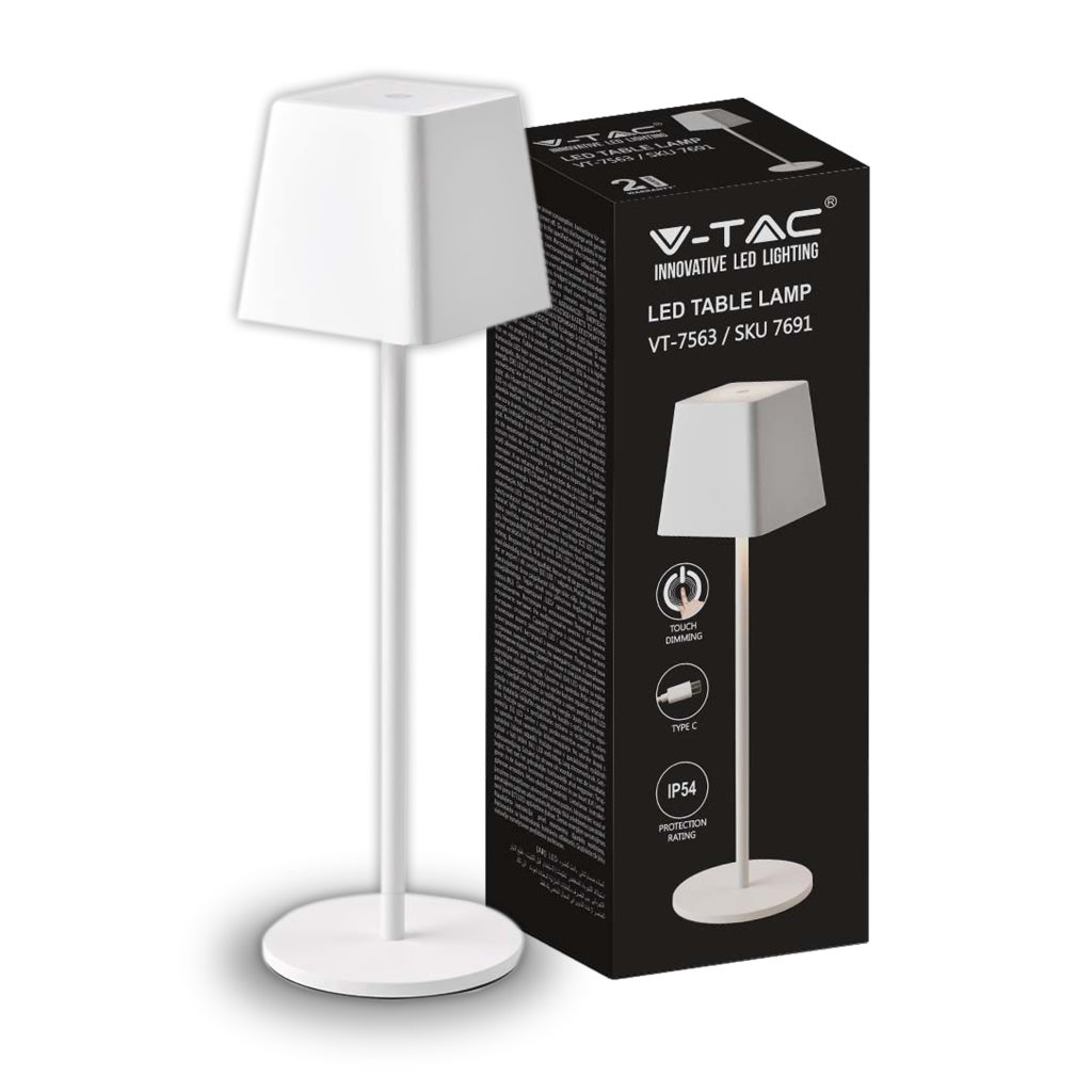 Lampa stołowa LED 2W, biała, aluminiowa, ładowalna, z funkcją dotykową USB-C, ściemnialna, 3000K, IP54