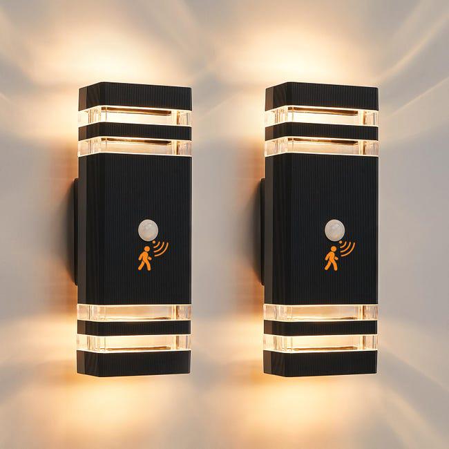 Zestaw 2 zewnętrznych lamp ściennych z czujnikiem ruchu, 2-poziomowe lampy ścienne aluminiowe, IP65, na werandę (ciepłe światło)