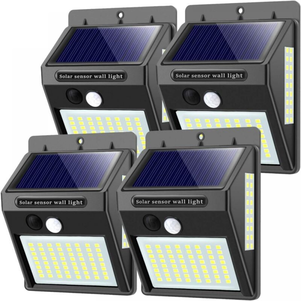 Zasilana energią słoneczną lampa zewnętrzna z czujnikiem ruchu, 100 diod LED, 1000 lumenów, wbudowana bateria 1200 mAh, opakowanie 4 sztuk.