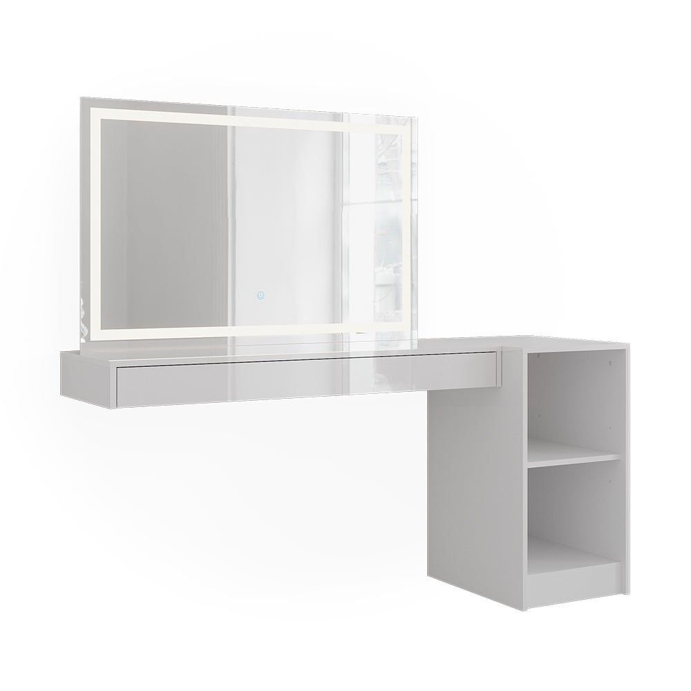 Vicco Stół toaletowy Sherry, Biały, 160.2 cm z lustrem LED i otwartym regałem