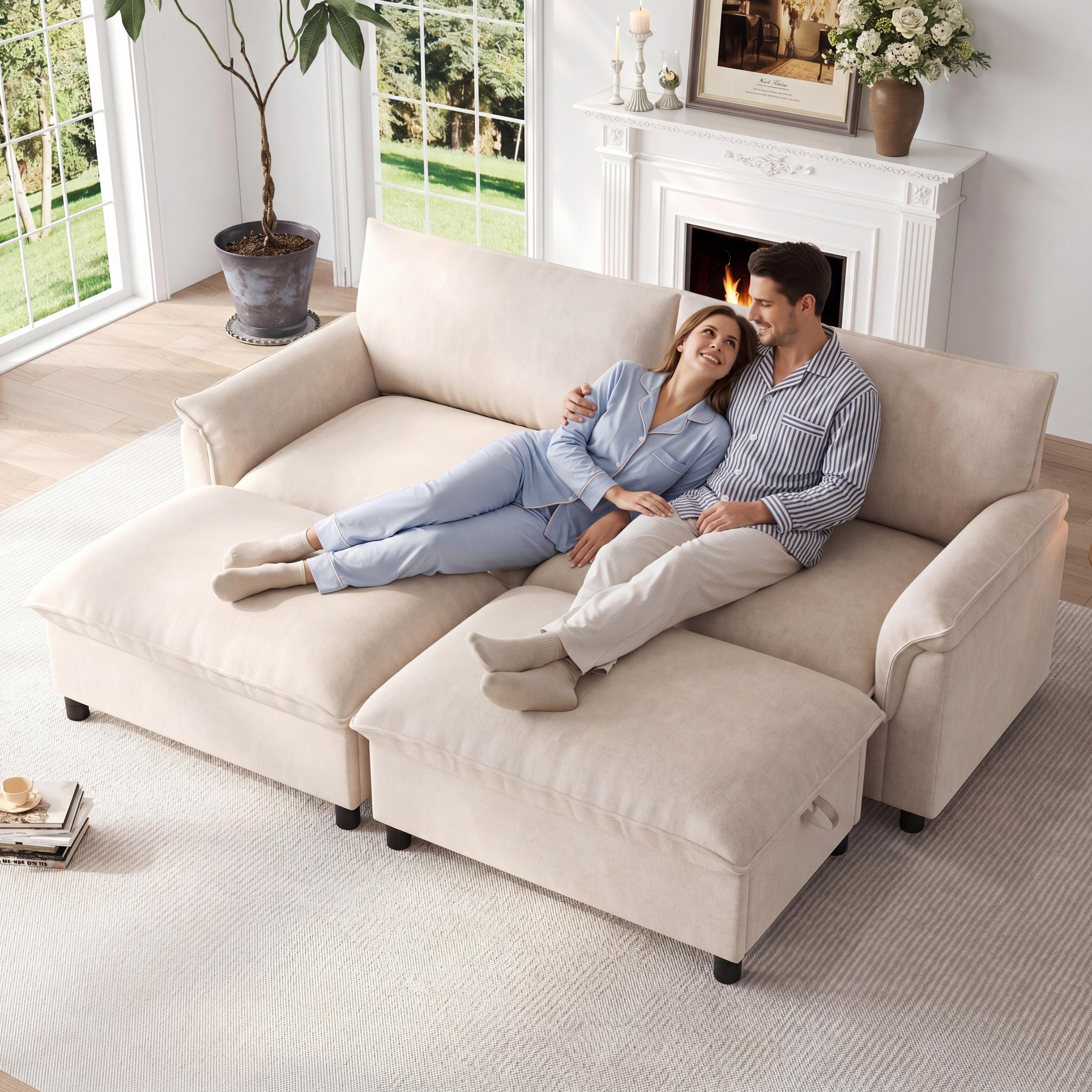 Sofa 2-osobowa z 2 podnóżkami ze schowkiem - Szenil, rama z drewna i żelaza - 216 x 77 x 82 cm - Beżowa