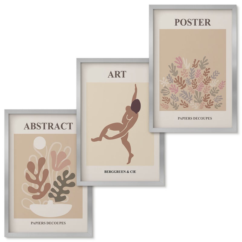 Zestaw obrazów w ramie - 3 części | Stylowe abstrakcyjne kompozycje Henri Matisse | Srebrna ramka