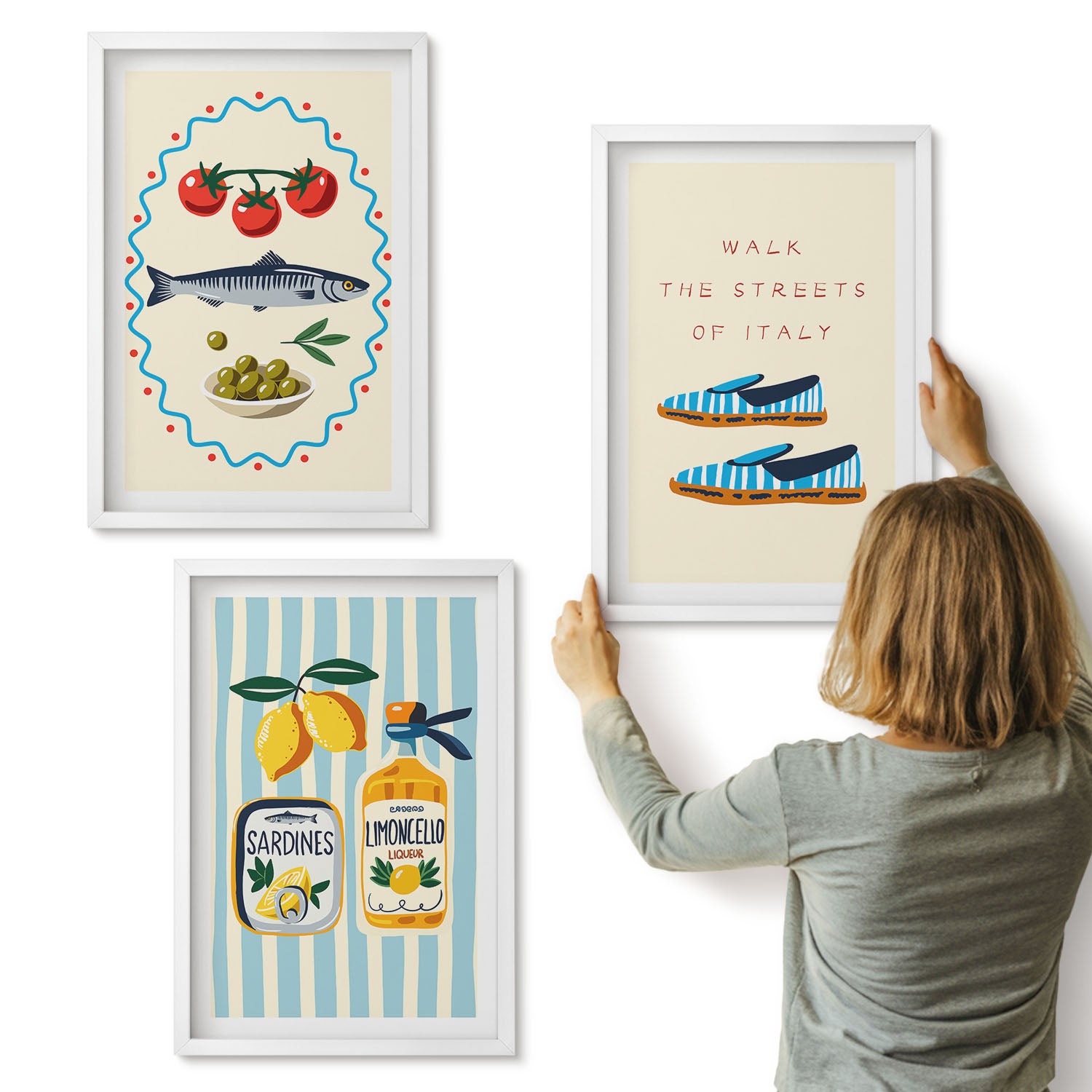 Galeria ścienna 3-częściowy komplet obrazów w białych ramach - Włoskie smaki i styl życia w kolorowych obrazach - ArtPrintCave