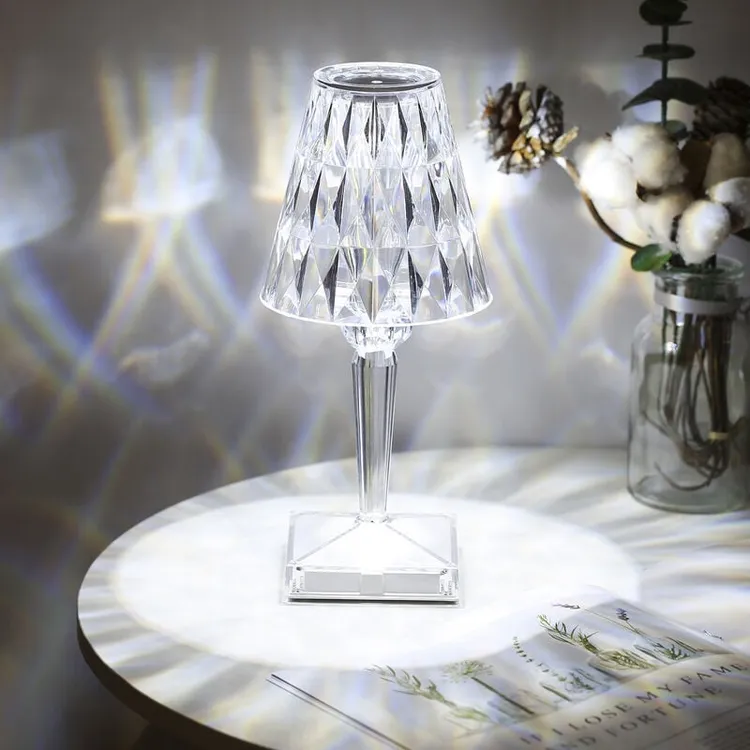 Lampa stołowa z kryształu diamentowego, lampka nocna z kryształu ładowana przez USB, regulowana temperatura/jasność, sterowanie dotykowe