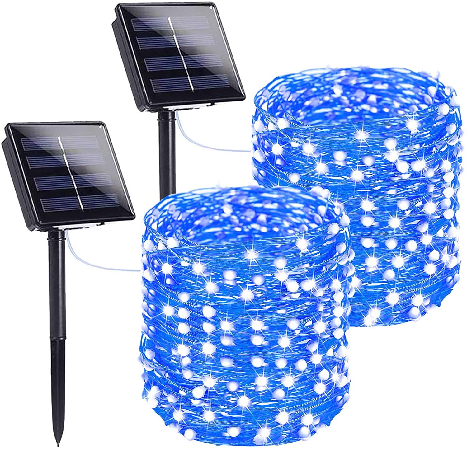 Zestaw 2 zewnętrznych lampek solarnych 66 stóp 200 LED wodoodporne 8 trybów drut miedziany (niebieskie)