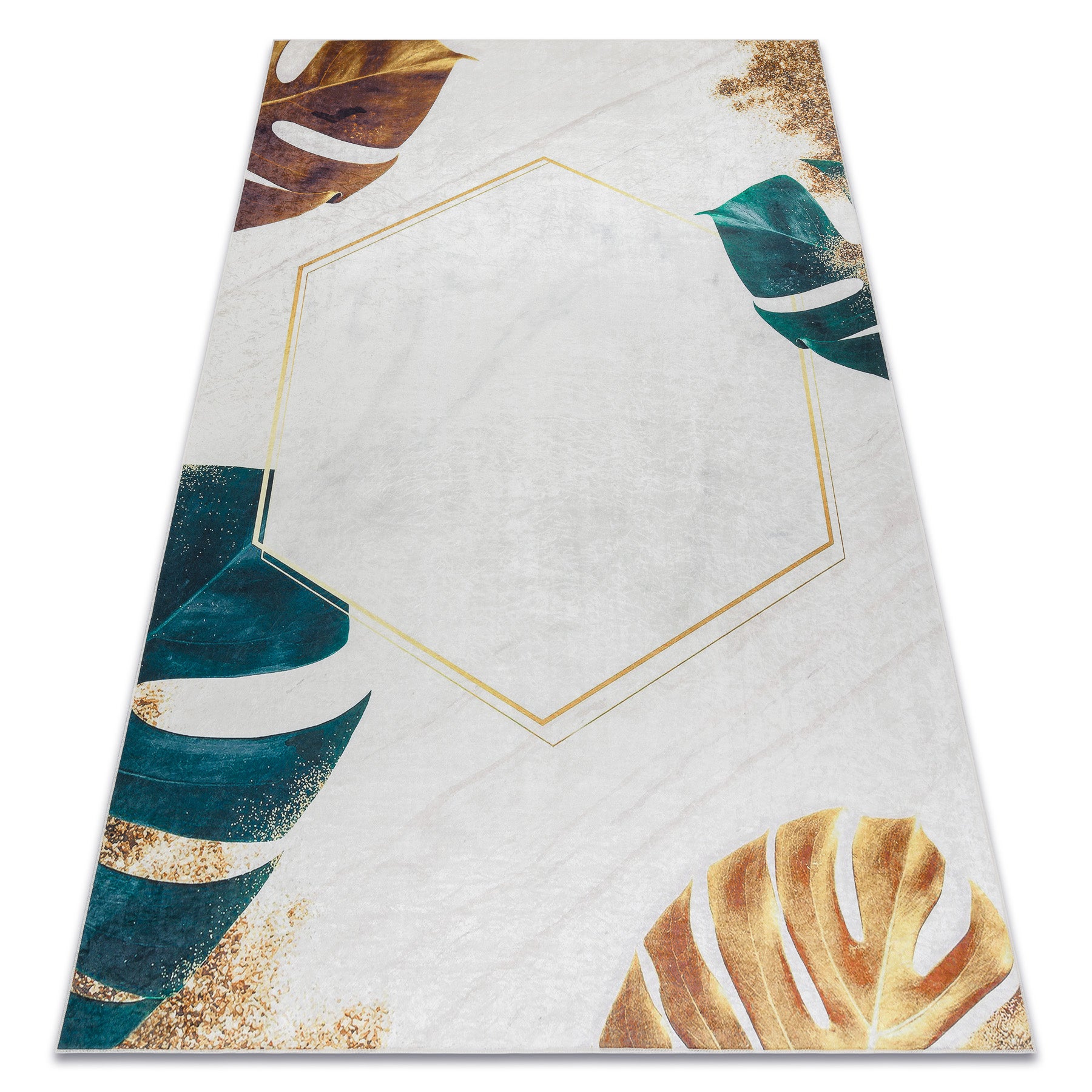 Dywan do prania ANDRE 1150 Liście Monstera, sześcian antypoślizgowy - biały / złoty 160x220 cm