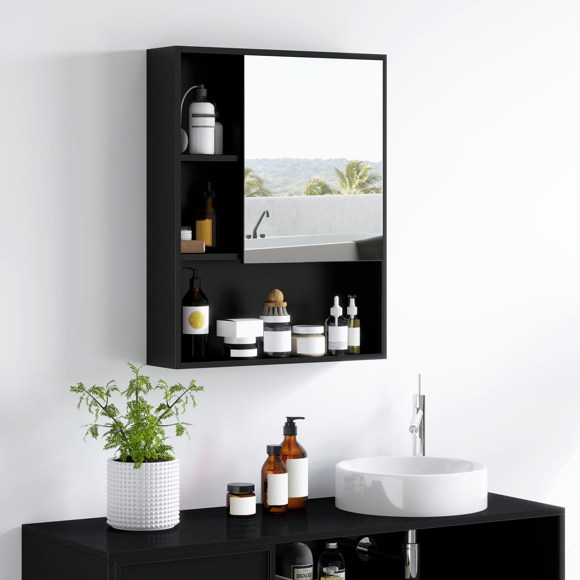 Szafka łazienkowa z lustrem czarna regulowane półki mebel wiszący 60x15x76 cm