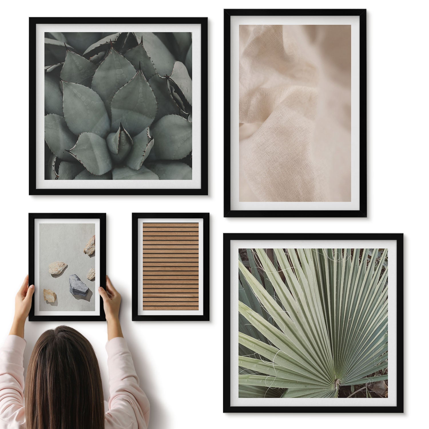 Galeria ścienna 5-częściowy komplet obrazów w czarnych ramach - Kamienie drewno tkanina różne tekstury - ArtPrintCave