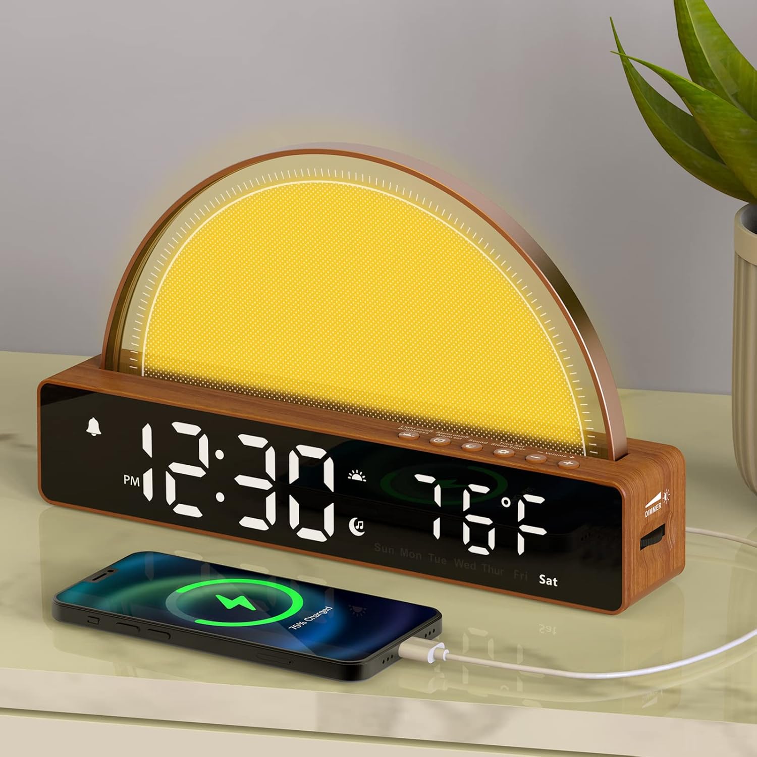 Budzik świetlny z regulowaną lampką nocną, 10 kojących dźwięków, wyświetlanie temperatury, timer, ładowanie USB, pomysł na prezent świąteczny