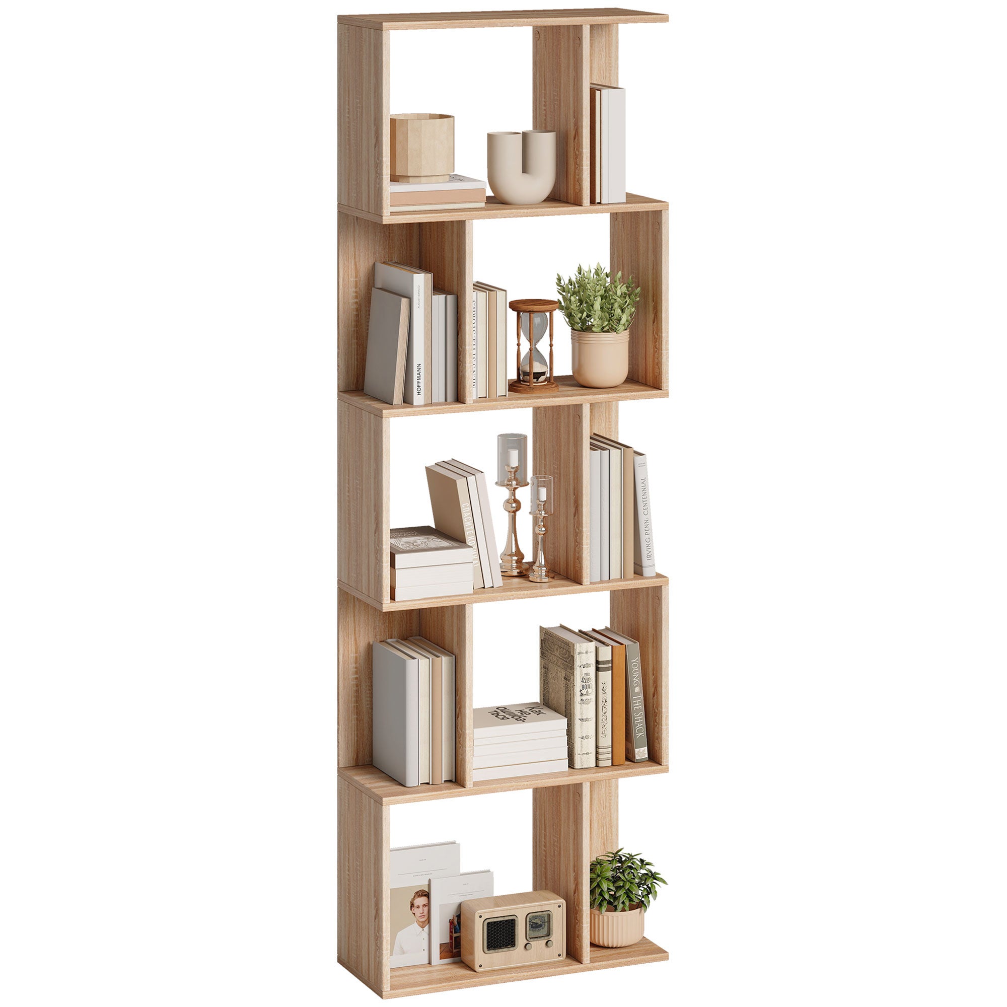 Regał biblioteczny 5-poziomowy, w kształcie litery S, z półkami, 60 x 24 x 184,5 cm, imitacja naturalnego drewna