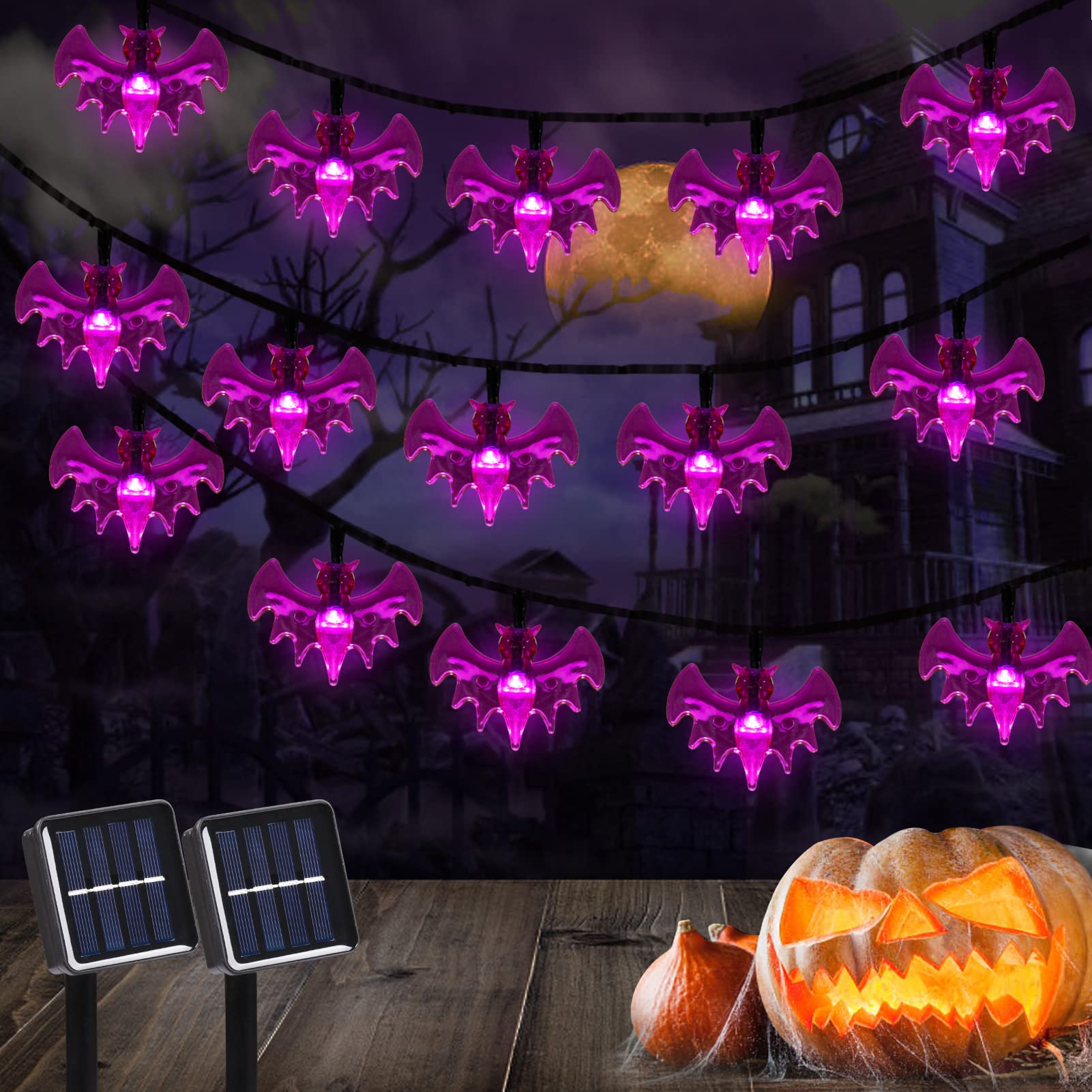 Zestaw 2 dekoracyjnych lampek Halloween w kształcie nietoperzy, 50-częściowe solarne girlandy LED, wodoodporne lampki Halloween, 8 trybów
