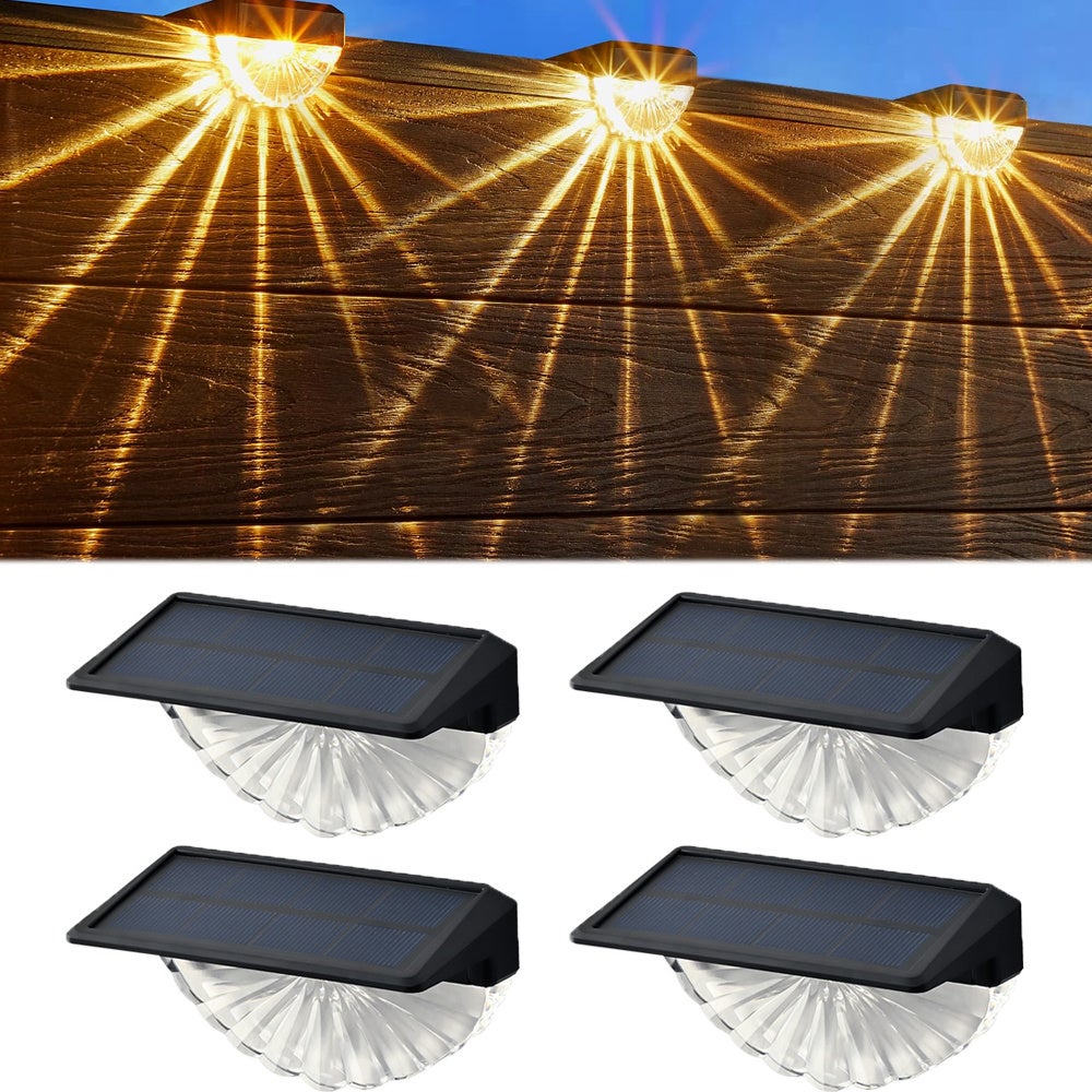 Zestaw 4 wodoodpornych lamp solarnych na taras, ogrodzenie, schody, oświetlenie ciepłą bielą, oświetlenie zewnętrzne, alejkę, ogród, słupek, płot