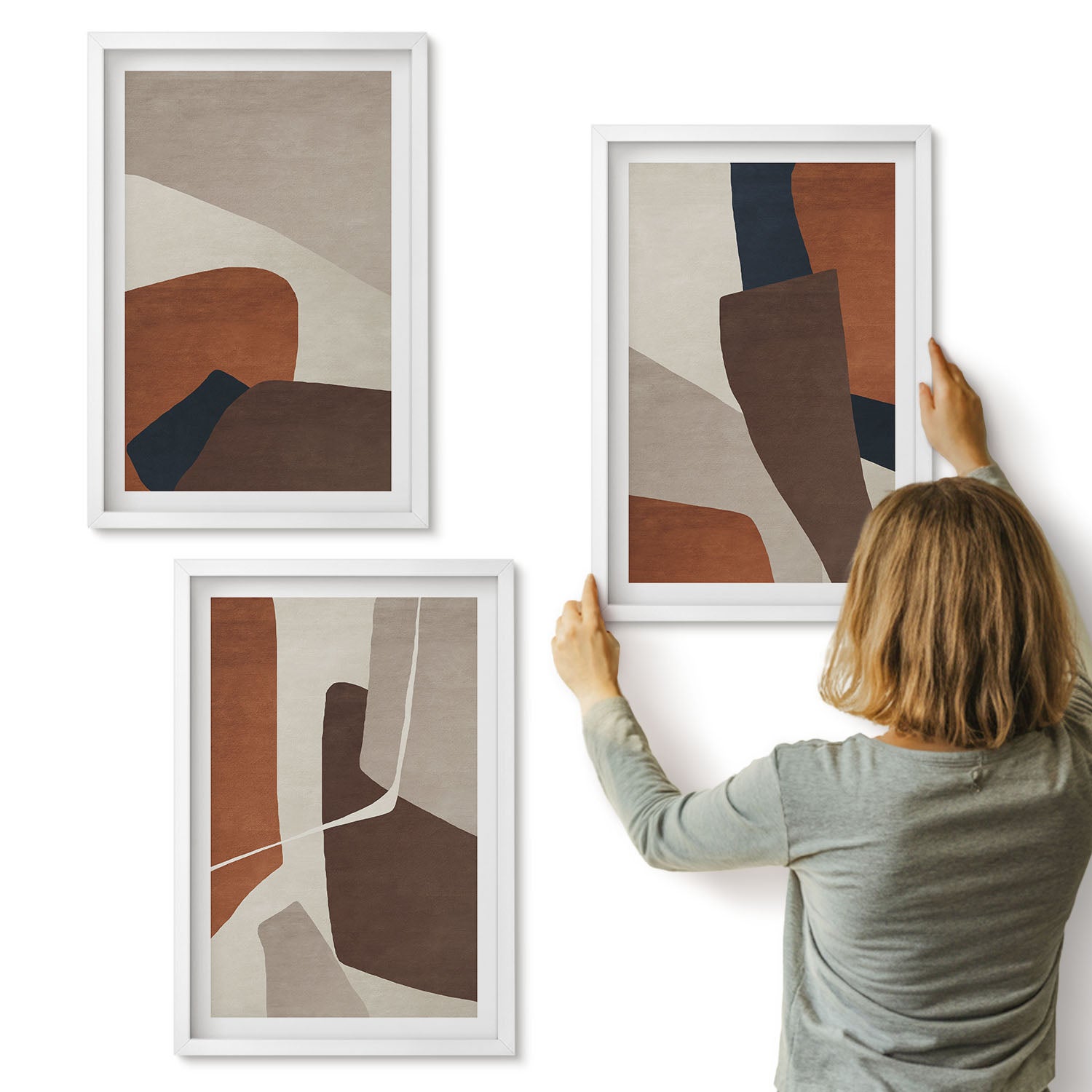 Galeria ścienna 3-częściowy komplet obrazów w białych ramach - Abstrakcja kształtów struktury w nowoczesnym stylu - ArtPrintCave