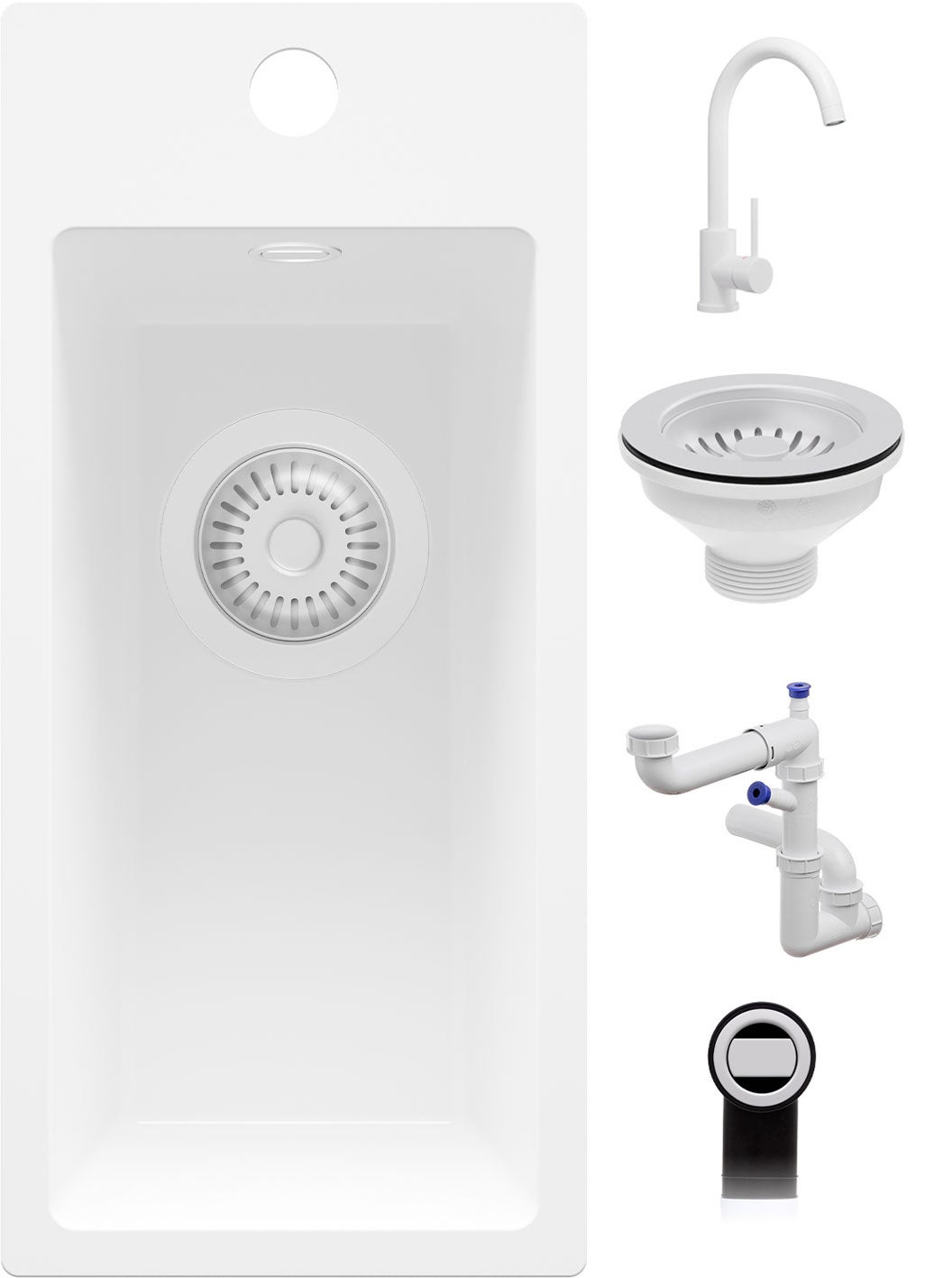 Zlewozmywak Granitowy Cały Biały 23x50cm, Zlew Kuchenny 1 Komorowy + Bateria 32x20cm + Syfon, Nablatowy do Szafki od 25cm - Ryga PRIMAGRAN
