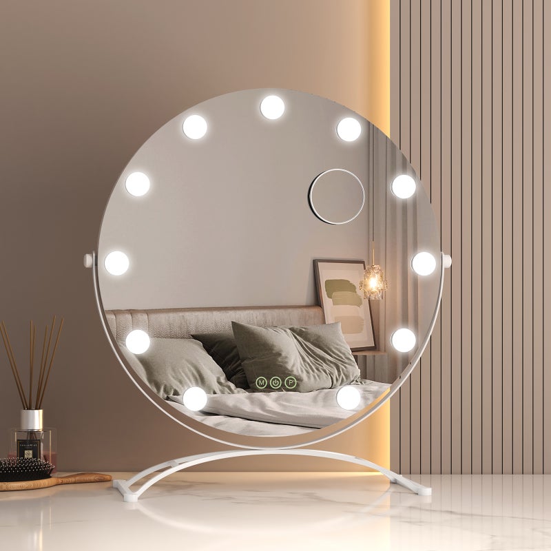 EMKE Lustro do makijażu z 11 LED, 3 kolory światła, powiększenie 7x, obracane o 360°, białe, 58x50x16 cm