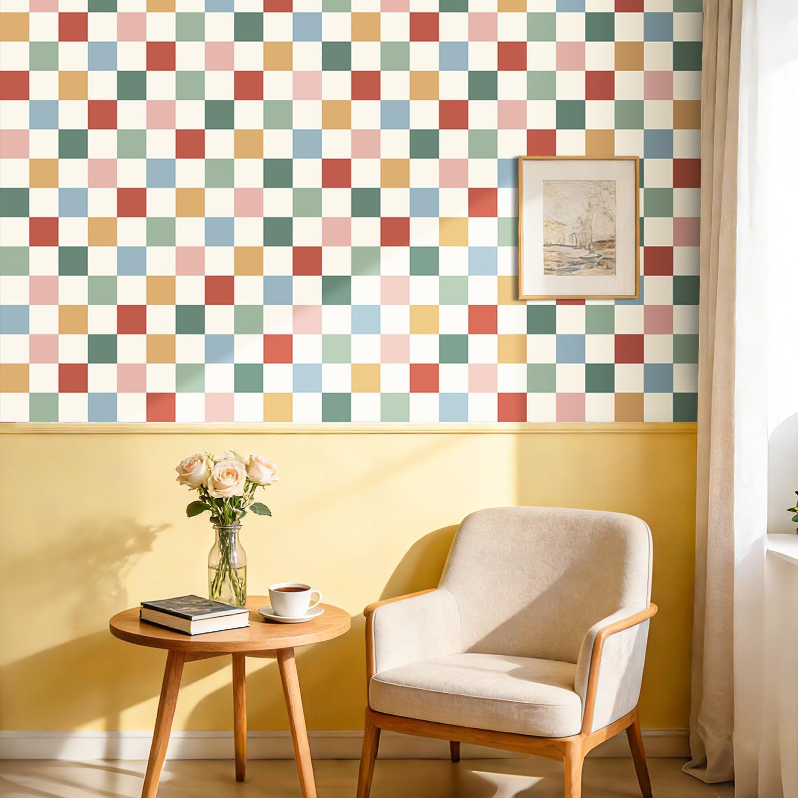 Kolorowe kwadraty w stylu boho – dekoracyjna tapeta do pokoju dziecięcego – samoprzylepna tapeta winylowa (43 x 300 cm)
