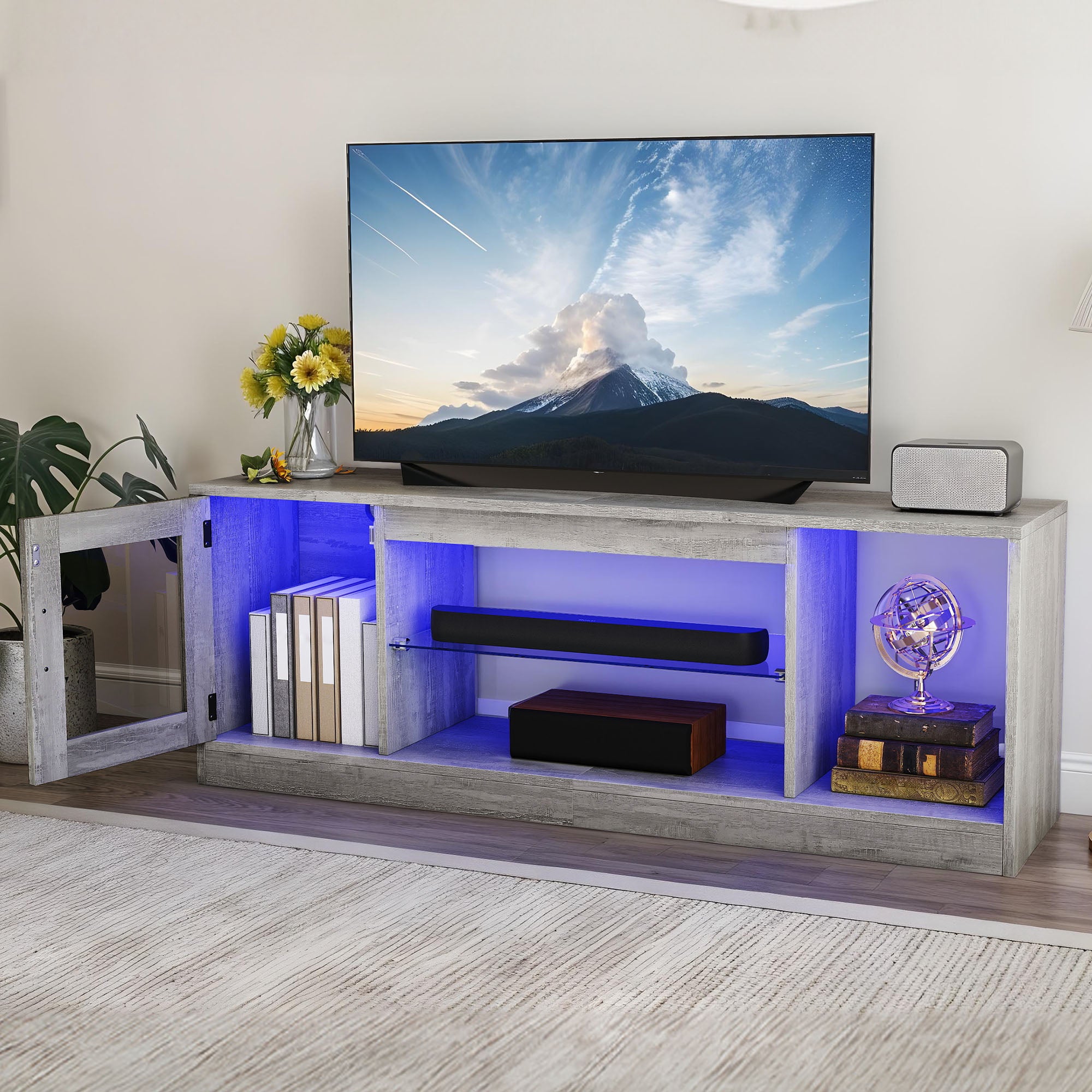 Szafka RTV YITAHOME 148 cm, do TV do 65", 7 LED RGB, 22 tryby, regulowane półki szklane, centrum rozrywki, do salonu, sypialni
